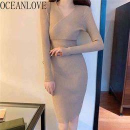 Sexy Bodycon Dresses Solid V Neck High Waist Knitted Spring Autumn Vintage Vestidos Slim Midi Dress 19547 210415