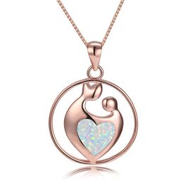 white blue opal Canada - White Blue Round Pendant Necklace Mom And Baby Love Heart Opal Rose Gold Chain Necklaces For Women Mother's Day Present