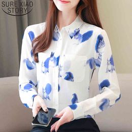 Womens Clothing Chiffon Blouse Shirts For Women Tops Office Long Sleeve Top Printing Button V-Neck Blusas Plus Size 7376 50 210415
