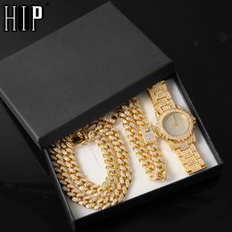 Hip Hop Necklace +Watch+Bracelet Iced Out Paved Rhinestones Miami Curb Cuban Chain CZ Bling Rapper For Men Jewellery