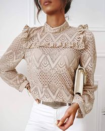 Fashion Women Elegant Casual Lace Frill Hem Hollow Out Long Sleeve Top Lady Solid Slim Fit High Neck Blouse Outwear 210415