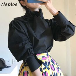 Neploe Solid Color Puff Sleeve Women Blouse Autumn Chic Drawstring Bow Pullover Shirts Elegant Fashion Femme Blusas 1G686 210721