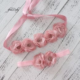 Belts Sweet Vintage Pink Sash Belt Matching Burn Fabric Flower Headband Girl Women