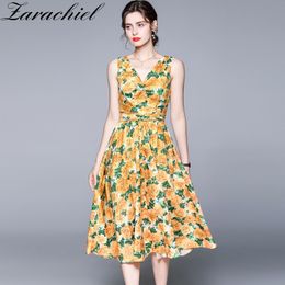 Summer Holiday Runway Lemon Yellow Flower Printed Beach Dress Women's Sleeveless V-Neck Lace-Up Boho Poplin Sundress 210416