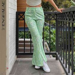 Fashion Green Printed Trousers Women's Summer High Waist Straight Loose Split Pants Female Tide 5E192 210427