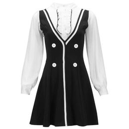 PERHAPS U Women Female Vintage Black Stand Collar Hit Colour Patchwork Button Long Sleeve Empire A-line Mini Dress Spring D2409 210529