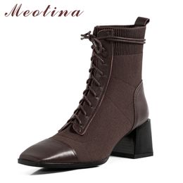 Women Ankle Boots Shoes Genuine Leather High Heel Short Square Toe Lace Up Thick Heels Ladies Autumn Coffee 210517