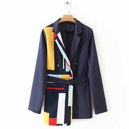 [EWQ] 2021 Spring New Sweet Blazer Women Jacket Patchwork Lace-up Ladies Suit Korean Style Contrast Stripes Ladies Office Coat X0721