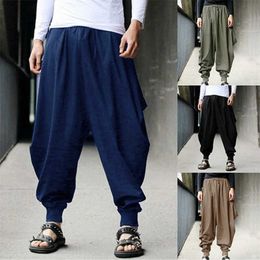 Hot Fashion Cotton Harem Pants Men Chinese Style Loose Joggers Trousers Man's Cross-pants Crotch Pants Wide Leg Baggy Pants Men X0615