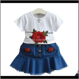 Fashion Summer Embroidery Flower White T Denim Skirt Set Twopiece Z9Og2 W1Jix