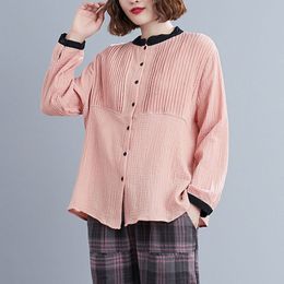 Women Cotton Long Sleeve Shirts New Arrival Spring Simple Style Vintage Stand Collar Loose Female Casual Tops S3729 210412