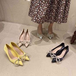 Fashion Women Pumps Shallow Slippers Pointed Toe High Heels Casual Ladies Pumps Size 35-39 Black/Blue/Yellow/Beige Bow Design 210513