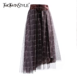 Irregular Plaid Skirt For Women High Waist Mesh Hit Colour Casual Skirts Female Clothing Spring Fashion 210521