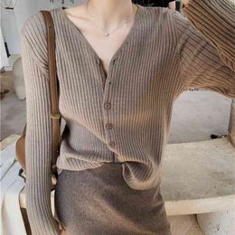 Knitting Women's Sweaters Autumn Winter Vintage buttons V Neck Cardigans Single Breasted Puff Sleeve fitting KnittedCardigan 210417