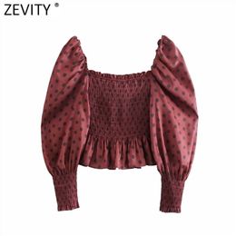 Women Vintage Square Collar Polka Dots Print Short Smock Blouse Female Chic Elastic Ruffles Slim Shirt Blusas Tops LS9018 210420