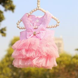 Pet Striped Suspender Skirt Dog Apparel Doggy Clothe Princess Dresses Wedding Skirts Lovely Bow Dogs Clothes for Cats Puppy Small Dogg Pets Supplies S Pink A06