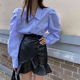 Blue Striped OL Blouse Women Long Sleeve Single-breasted Turn-down Collar Elegant Puff Design Fashion Blouses Plus 210601