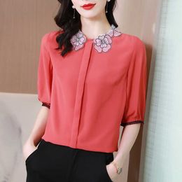 Korean Women's Shirt Lace Blouse for Women Fashion Short Sleeve Pink s Female O-neck Top Oversize Basic 210604