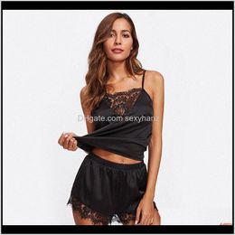 Womens Underwear Apparel Drop Delivery 2021 Summer Women Sexy Pajamas Silk Lace Flower Pijamas Sleepwear Deep V Sling Lingerie Set Sleeveless