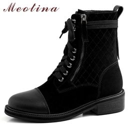 Meotina Genuine Leather Motorcycle Boots Women Real Leather Chunky Heels Ankle Boots Zipper Round Toe Shoes Lady Autumn Size 39 210608