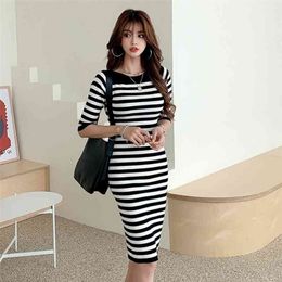 Korea spring and summer dress striped knitted slim base Office Lady knitting Cotton Knee-Length 210416