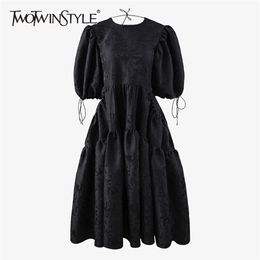 Vintage Black Drawstring Dress For Women O Neck Puff Short Sleeve Backless High Waist Midi Dresses Female 210520