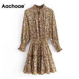 Fashion Leopard Print Mini Women Bow Tie Ruffles Elastic Waist Dress Ladies Long Sleeve A Line Vintage Dresses 210413