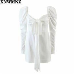 Women Retro Centre Bow Bandage Dresses White Long Sleeve Mini Sexy Square Collar Sheath Vestidos Summer Party 210520