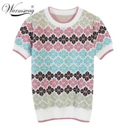 Summer Sweet Contrast Flower Embroidery Women Top Cute O-Neck Short Sleeve Casual Slim T-Shirt High Quality Pullovers B-072 210330
