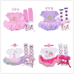 Lace Baby Girl Clothes 4 in 1 Sets Girls Tutu Dress Bodysuit Leg Warmer First Walker Headband 1st Birthday Costumes Infant Shirt 210413