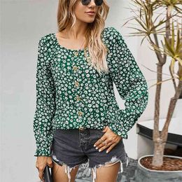 Autumn Square Collar Floral Loose Shirt Women Blouse Button Vintage red tops for women clothing full sleeves shirts lady 210508