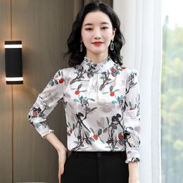 Korean Silk Blouse Women Satin Floral s Shirts Long Sleeve Tops Plus Size Elegant Woman Print Shirt Top 210427