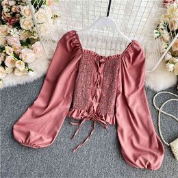 Women's Spring Autumn Girl Square Neck Puff Sleeve Blouse Korean Female Top Fold Pleated Stretch Lace Slim Short Shirt HK033 210506