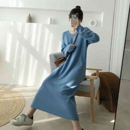 Fall Winter Women Long Sleeve V Neck Loose Sweater Dress Korean Elegant Female Vintage Casual Oversized Maxi Knitted 210514