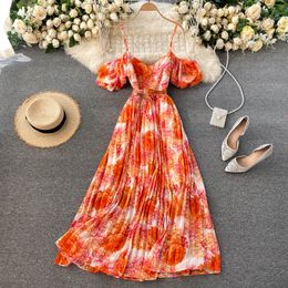 Seaside beach dress female design puff sleeve off-shoulder sling long printed pleated womens A-Line sexy boho midi 210420