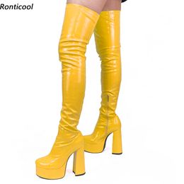 Rontic Handmade Spring Women Thigh Boots Patent Side Zipper Hoof Heels Round Toe Pink Violet Party Shoes Women Us Size 5-15