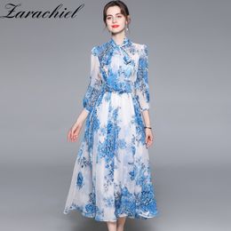 Summer Fashion Runway Vacation Chiffon Women Beach Bow Collar Blue Floral Print Holiday Party Elegant Long Dress 210416