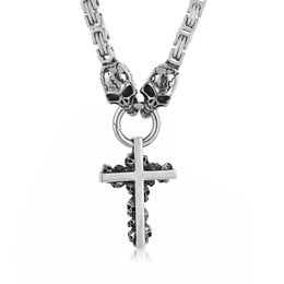 Mens Large Heavy Gothic Vintage Skulls Cross Pendant Necklace For Christmas Present Stainless Steel Double Skeleton King Chain Byzantine 6mm 28 Inches