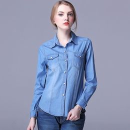 New fashion Autumn Spring women ladiyes cotton jeans denim pocket women casual blouse jeans long sleeve Female shirt 210410