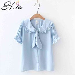 Hsa Japanese Summer Women Lolita Style Blouse Peter Pan Collar White Apricot Pink Blue Female Blusas Cute Kawaii Ruffles Girl's 210430