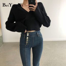 Beiyingni Autumn Winter Women Sweater V-neck Casual Vintage Cropped Tops Pullover Female Black Korean Jumper Mujer Knitwear 210416