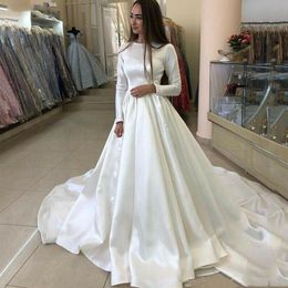 Satin Wedding Dresses Long Sleeves Lace Bride Gowns Muslim Gown Covered Back Vestido de novia