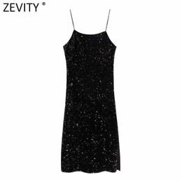 Zevity Women High Street Spaghetti Strap Sequins Split Midi Dress Elegant Female Chic Slim Brand Party Sling Vestido DS4839 210603