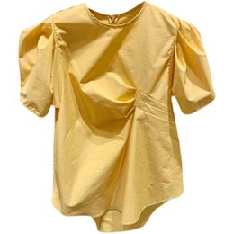 Korea Chic Casual Fashion Simple O Neck Irregular Pleated Short-sleeved Blouse Women Summer Yellow White Top 16W1081 210510
