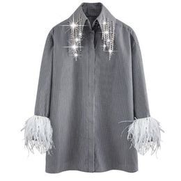 Spring Women Neckline Feather Cuffs Loose-Fit Striped Shirt Lady Elegant Long Sleeve Blouse Laides Tops 16Q492 210510