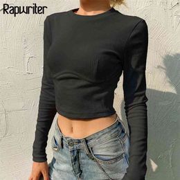 Rapwriter Casual Solid O-Neck Bodycon Tight T-shirt Women Long Sleeve Fashion Female Gothic Harajuku Streetwear Tee Shirt 210415