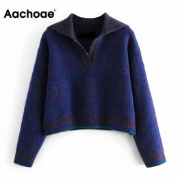 Aachoae Vintage Plaid Cropped Sweater Jumper Women Casual Turn Down Collar Knitted Pullover Female Long Sleeve Chic Tops 210413