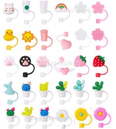 Creative Silicone Straw Tips Cover Reusable Drinking Dust Cap Splash Proof Plugs Lids Anti-dust Tip Sunflower Cherry Blossom Rainbow Cat Paw For 6-8mm Straws