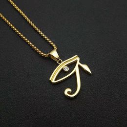 Hip Hop Iced Out Bling Ancient Egypt Eye of Horus Pendant Necklace For Women Men Gold Colour Stainless Steel Egyptian Jewellery