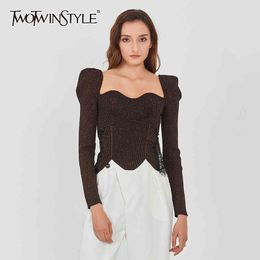 Slim Sweater For Women Square Collar Long Sleeve Minimalist Short Tops Female Fashion Clothing Fall 210524